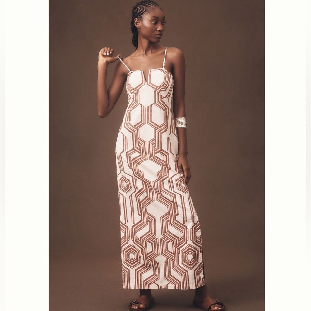 Anthropologie Strapless Linen Plunge-Neck Midi Dress - Picture 3 of 7